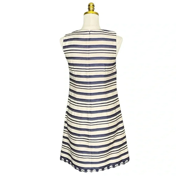 J CREW | Navy/Cream Scalloped Trim Striped Shift Dress with Grommets Size 6 - Picture 8 of 15